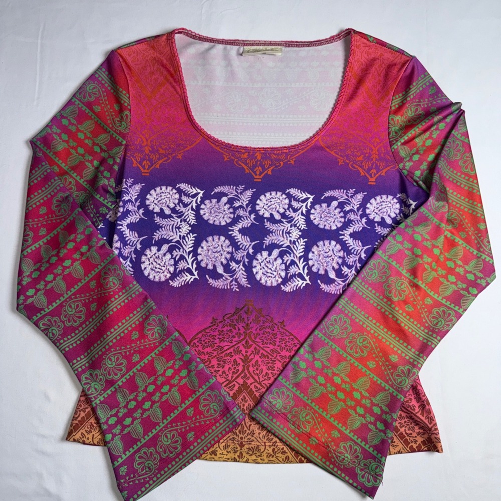 Cache Vintage Y2K Boho Paisley Floral Bell Sleeve Scoop Neck Top Purple Pink S